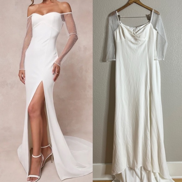 NWOT Eternally Beloved White Mesh Off-the-Shoulder Pearl Maxi Dress